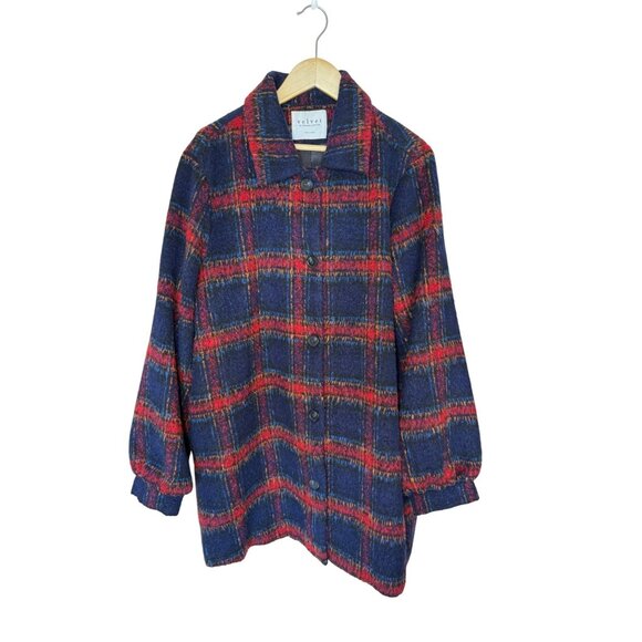 Velvet by Graham Spencer Colette Jacket Wool Button Front Coat Navy Plaid Size L - Picture 1 of 9
